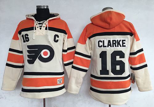 Flyers #16 Bobby Clarke Cream Sawyer Hooded Sweatshirt Stitched NHL Jersey - Click Image to Close